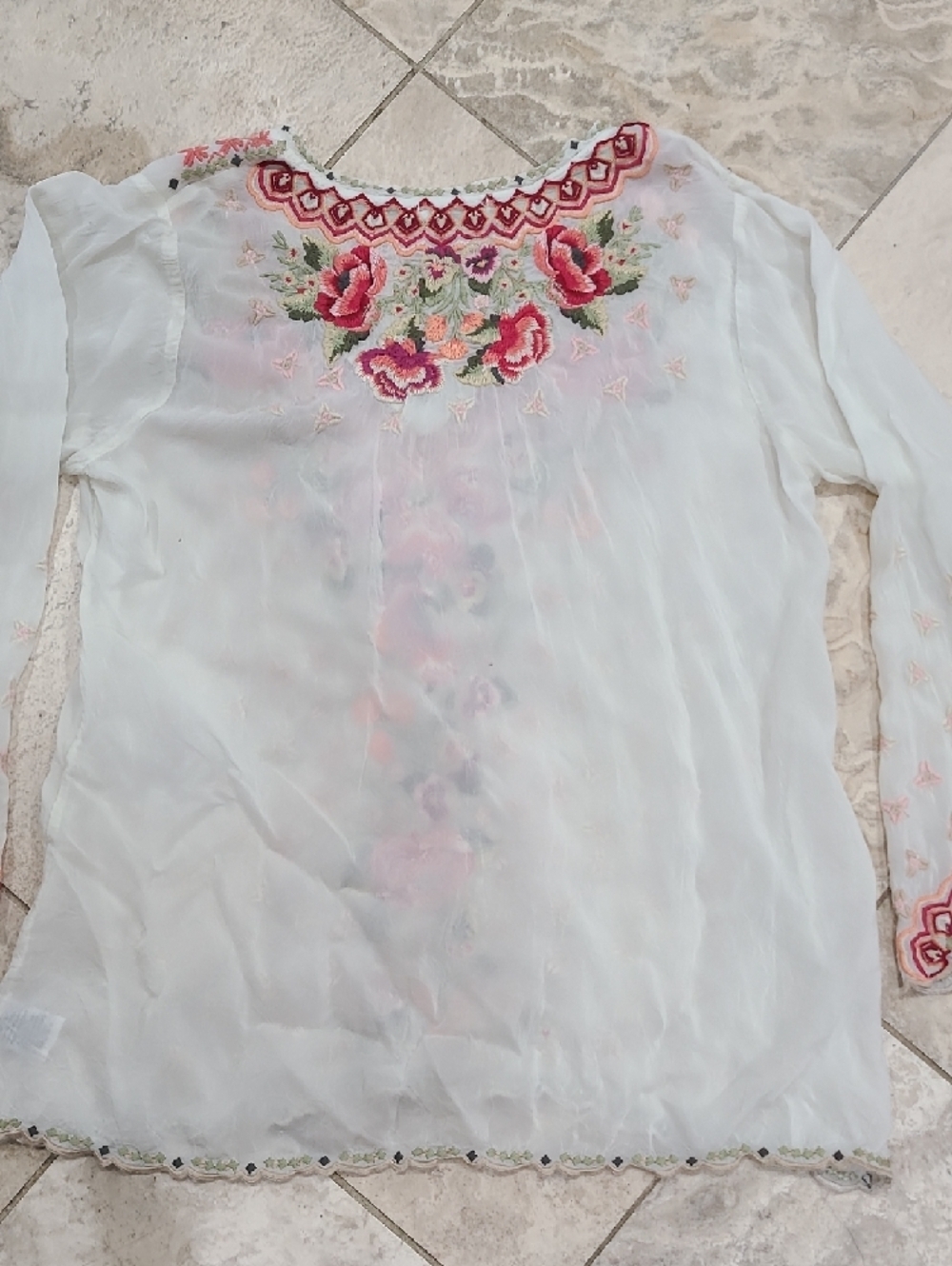 Johnny Was White Tunic with Pink & Green Floral Embroidery - Picture 11 of 14